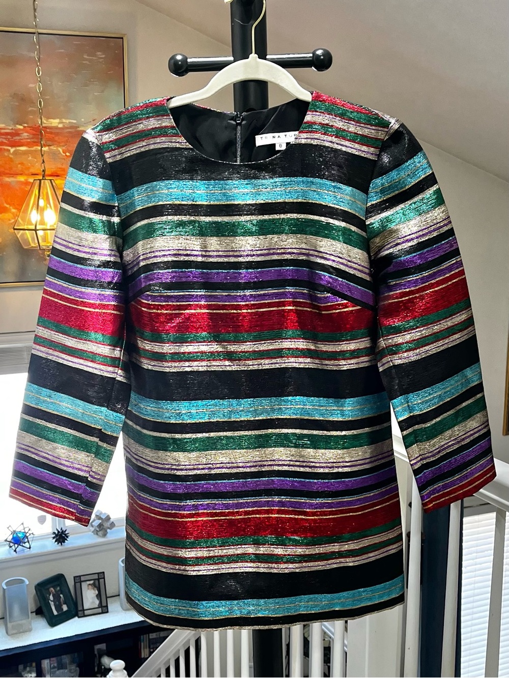 Colorful Trina Turk Metallic Striped Boatneck 3/4 Sleeve Tunic Top Size 8